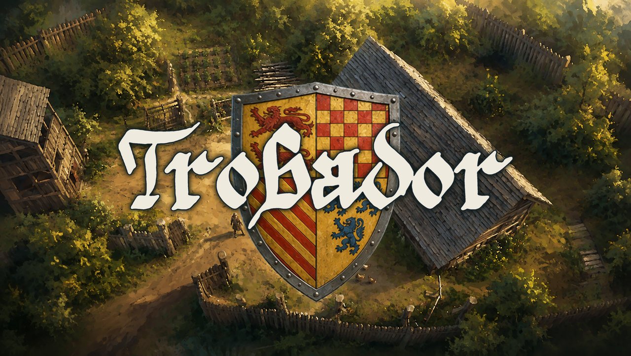 Trobador — a medieval farmstead seen from above, with the Trobador coat of arms